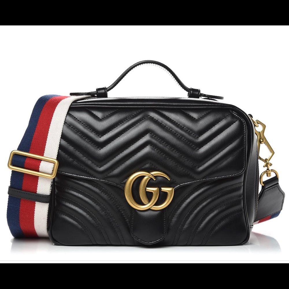 Gucci Calfskin Matelasse Sylvie Web Small GG Marmont Top Handle Shoulder Bag